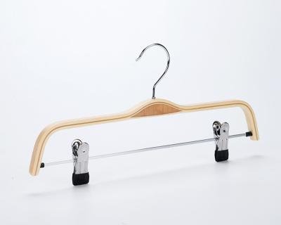 China Durable Supermarket Laminated Wood Adjustable Wooden Pant Hangers With Trouser/Skirt Clips for sale