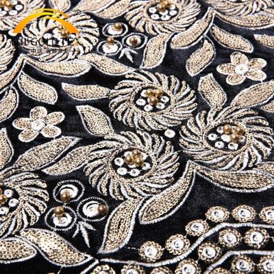 China Wholesale custom made luxury velvet embroidered sequin rhinestone beaded apparel fabric flame retardant for sale