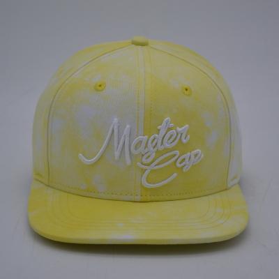 China COMMON 6 panel high quality baseball cap dyed knotting artwork with 3D embroidery yellow and white color for sale