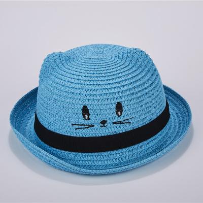 China Striped Cat Printing Beach Baby Children's Little Summer Straw Hat for sale