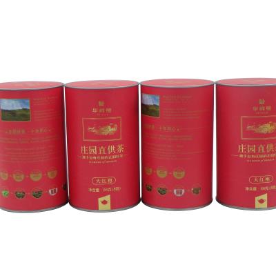 China Recycled Materials Da Hong Pao Tea Packaging Paper Cans Cylinder Paper Box With Metal Lid for sale