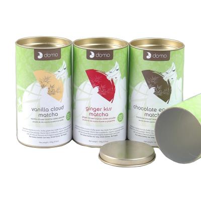 China Recycled Materials Matcha Food Packaging Cylinder Paper Tube With Metal Lid Around Paper Canister for sale