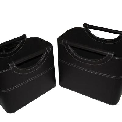 China Handmade Basket Shape Black PU Leather Box With Portable Belt For Food Packaging for sale