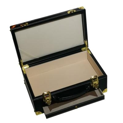 China High Grade Biodegradable Electronic Products Packaging PU Leather Cardboard Wood Gift Box With Sliding Drawer And Gold Metal Lock for sale