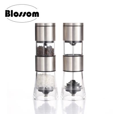 China Sustainable Salt and Pepper Grinder Stainless Steel Manual Salt and Pepper Mill with 2 Acrylic Chamber 2 in 1 Salt Pepper Grinder for sale