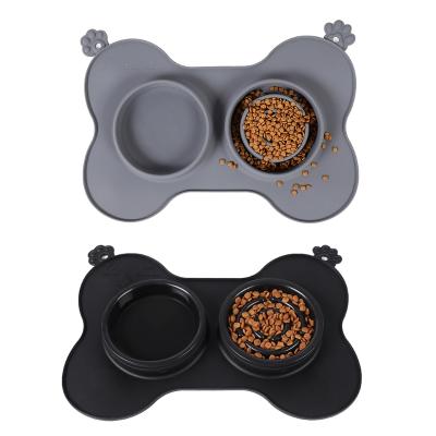 China Sustainable Silicone Pet Food And Water Bowls With Non Slip Mat Double Dog Bowl Slow Feeder for sale