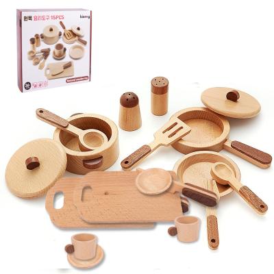 China Eco-friendly Material Wholesale Wooden Toy Set Cookware Dishes Kitchen Pot Set 14 Pieces Montessori Toys Natural Wood Smooth Surface for sale