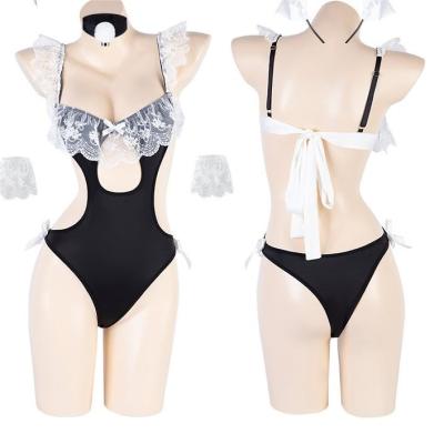 China Hot Sexy Underwear Sexy Lingerie Lace Suspenders Lace Up Jumpsuit Open Maid Lace Buckle Crotch Uniform Set for sale