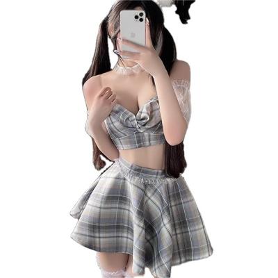 China Sexy Sexy Lace Underwear Breast Slit Plaid Pleated Skirt Student Uniform Set for sale