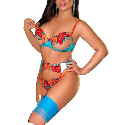 China Lace Up 2023 Customs Private Label Seller Flower Embroidered Sexy Royal Blue Color Lingerie Hot Transparent Women Sensual Lingerie Set for sale