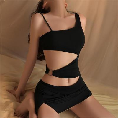 China Sexy lace sexy underwear halter hollowed out shoulder slit buttocks oblique skirt set nightclub secretary uniform for sale