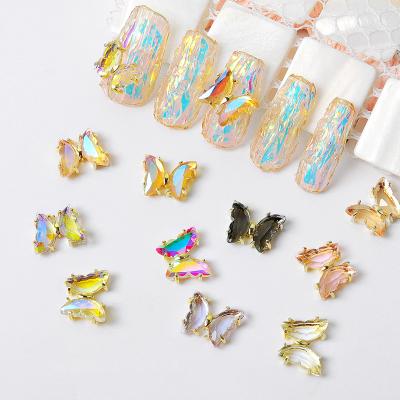 China Aurora Gold Rhinestone Crystal 3D Quick Dry Metal Butterfly Nail Glass Charms For Nails Art for sale