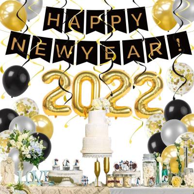 China Pafu New Years Eve Party Supplies 2022 Happy New Year Party Decorations Swirl Paper Balloon Confetti Gold Banner Kit for sale