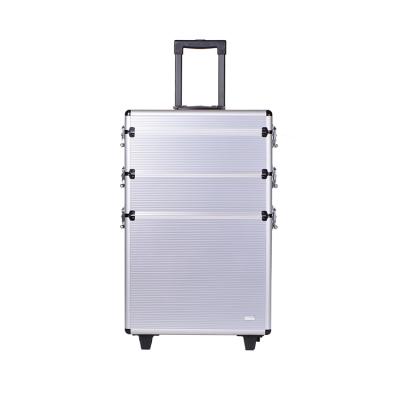 China Trolley Luggage 3 in 1 AluminumTrolley Case, Silver Cosmetic Case with Wheels, Makeup Travel Rolling Luggage for sale