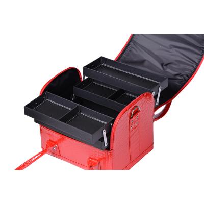 China 2020 New Style Divider Cosmetic Case Bag Beauty Vanity Bag Makeup Case Professional Red PVC Leather Box Cosmetic Case Bag for sale