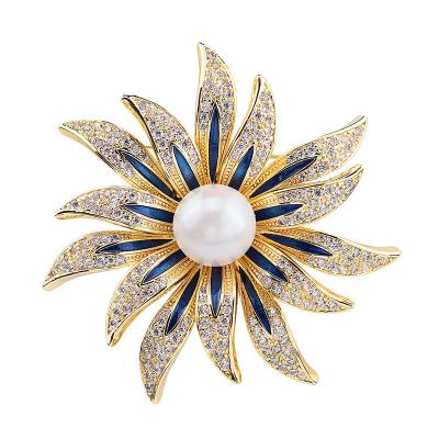 China Crystal Sun Flower Pearl Brooch Pins Alloy Rhinestone Girl Pins Brooches Jewelry Fashion Design for sale