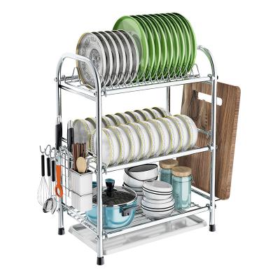 China Sustainable Kitchen Stainless Steel 3 Layers Wire Dish Rack With Drip Tray Drying Dish Standing Rack Metal Dish Rolls Organizer Holders for sale