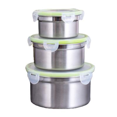 China Freshness Preservation SS304 Round Leakproof Sealing Food Containers 3 Pieces Set Marine Kitchen Canisters Storage Fridge Metal Lunch Box Sets for sale