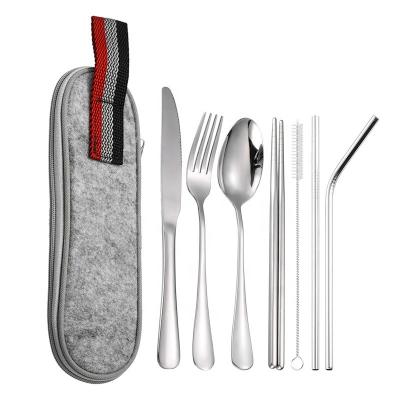 China Custom Logo 8pcs Outdoor Travel Viable Custom Gold 304 Stainless Steel Flatware Black Gold Knife Fork Spoon Set Camping Portable Cutlery With Straw for sale