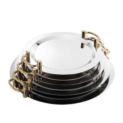 China Polished 201 Stainless Steel Food Trays 16inch Round Dessert Display Dish Charger Dish with Handle for Hotel Restaurant Round Shape for sale