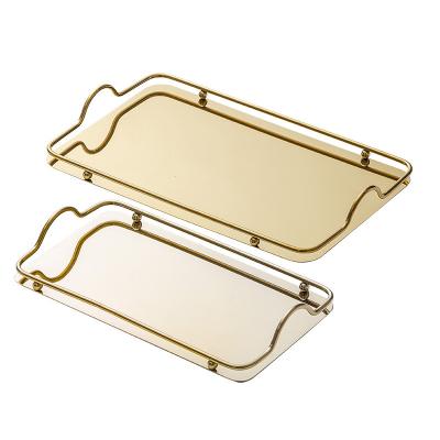 China Instagram Tending Rectangle Customized Luxury Gold Serving Wedding Tray Stainless Steel Charger Dishes With Handle 35CM/42CM for sale