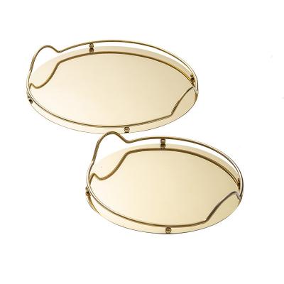 China Wholesale Snack Serving Trays Wedding Luxury Gold Round Stainless Steel Charger Plates With Handle 32CM/39CM for sale