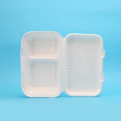 China Modern Bagasse Disposable 2 Compartment Divide Clamshell Box For Lunch for sale