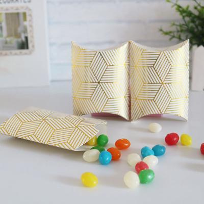 China Recycled Materials Mini Gold Foil Pillow Box Chocolate Striped Box Cardboard Candy Packaging Box For Wedding Candy Event And Party Supplies for sale