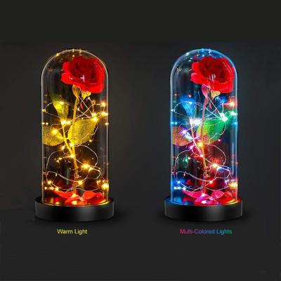 China Valentine Day Gifts 2021 Creative Simulation Rose Proposal Eternal Flowers LED Night Immortal Eternal Light Valentine Day Gifts With Glass Cover for sale