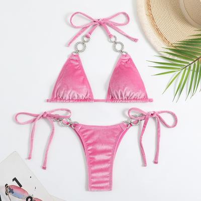 China New Antibacterial Swimsuit Custom Design Sexy Beachwear Private Label Swimwear Women Bikinis Velvet Framed Solid Micro Bikini for sale