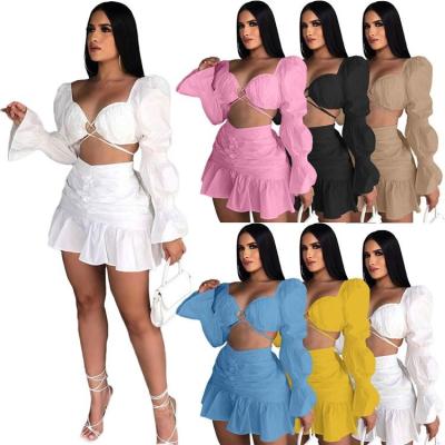 China Newest Design Solid Color QUICK DRY Lantern Sleeve Pleated Skirt Elegant Crop Tops Two Piece Skirt Sets Women Fashion for sale