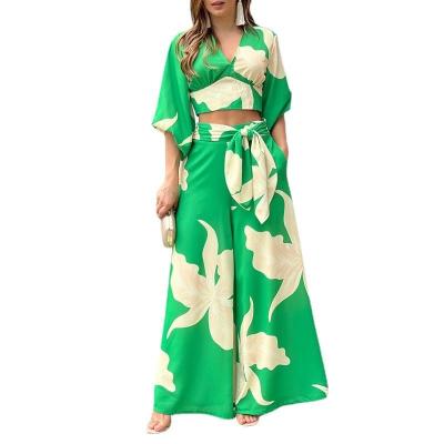 China New QUICK DRY Summer Suit 2 Piece Set Womens Lapel Shorts Long Sleeve Shirt Printed High Waist Flare Pants Loose Two Piece Set for sale