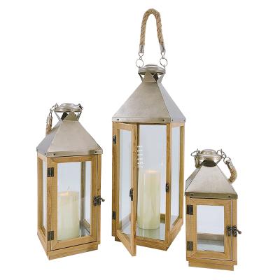 China Cheap Garden Hurricane Decorative Outdoor Warm Hanging Wooden Lantern Simple Modern Set Of 3 Brown Champagne for sale