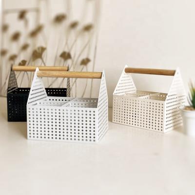 China Storage Wine Bottle Perfume Vegetable Wood Storage Basket Handle Hollow Home Accessories Square Basket for sale