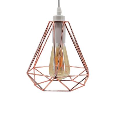 China Vintage Residential Style Industrial Geometric Lampshade Rose Gold Metal Wire Cage Ceiling Light Pendant for sale