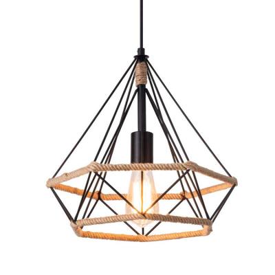 China Residential Vintage Industrial Farmhouse Kitchen Bedroom Natural Rope Metal Cage Wire Pendant Light for sale