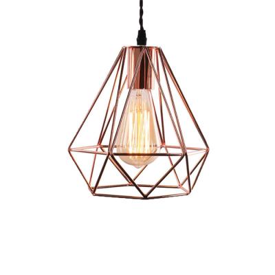 China Industrial Diamond Shape Ceiling Lamp Retro Copper Iron Wire Cage Geometric Hotel Metal Pendant Light for Indoor Lighting for sale