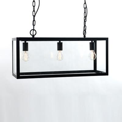 China Farmhouse Industrial Modern Geometry Rectangle Black Metal Framed Lantern Glass Ceiling Clear Pendant Lighting for sale