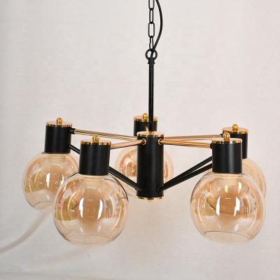 China Modern Home Pendant 5 Light Indoor Modern Amber Glass Decoration and Black Metal Suspension Chandelier for sale