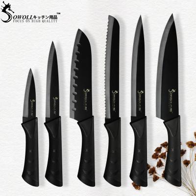 China Stainless Steel Sowoll Stainless Steel Kitchen Knives Set Whole Black Knife With ABS Handle Chef Slicing Bread Santoku Serving Paring Knife for sale