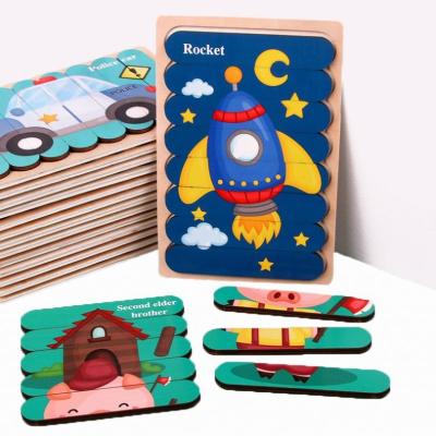 China Cartoon Toy Factory  creative cartoon bar double sided 3D wooden Jigsaw puzzle Early Educational Toys for toddlers kids for sale