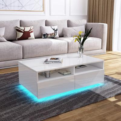 China LED Lights Modern High Gloss Coffee Tea Table With Drawers Sofa LED Light 4 Storage Table With Open Case For Living Room Furniture for sale