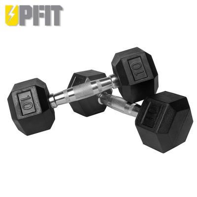 China UPFIT Eco-Friendly Black Rubber Hex Dumbbell For Gym Use Hex Dumbbell Rubber Set for sale