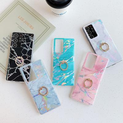 China Anti-fall laser imd pattern 360 rotation ring holder tpu mobile phone case marble cell phone cover for samsung s21 ultra for sale