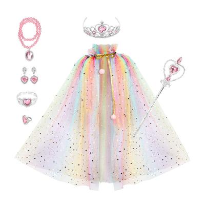 China CM046 Breathable Princess Elsa Dress Up Princess Jewelry Cloak Crown Wand Glitter Costume Set For Princess Dress Up Role Play for sale