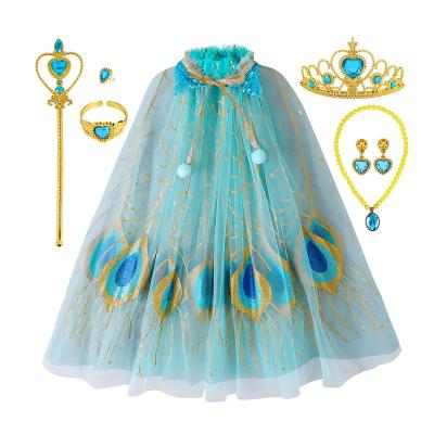 China Cape Crown Magic Wand Jewelry CM053 Little Girls Dress Up To Pretend Princess Cloak Dress Cape Cloak Play Costume Peacock Set With Crown Magic Wand Necklace Jewelry for sale