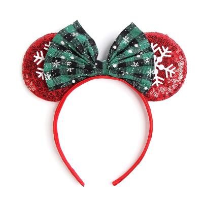 China HB118 Red and Green Sequin Sparkle Snowflake Christmas Mouse Ears Headband Sparkly Hair Decoration Headband for Women Girls Party Costume for sale