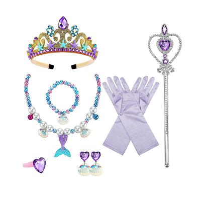 China FZ002 Material FZ002 Child Girls Mermaid Friendly Costume Jewelry Princess Mermaid Crown Tail Necklace Bracelets Accessory Ear Cuts Bowknot Gloves Set for sale