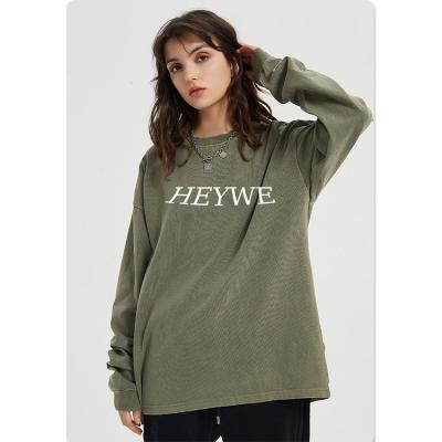 China 310G Anti-Wrinkle Resistant Wash Old Retro Long Sleeves Loose Wash Crewneck Plain Sweatshirt Women's T-shirt Custom Logo for sale