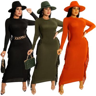 China M5154 Anti-Static - Women Fashion Casual Solid Long Sleeve Fringe Long Dress for sale